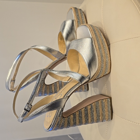 DOSIA Jessica Simpson Wegde Platform Espadrille High Heel Silver Rhinestone Shoe - Picture 2 of 8